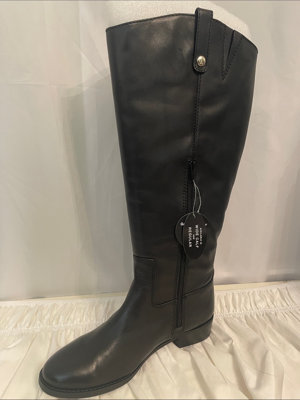 INC Black leather Riding Boots, Wide Calf, 18” Tall, 1” heel, side zip top loops - Picture 6 of 16